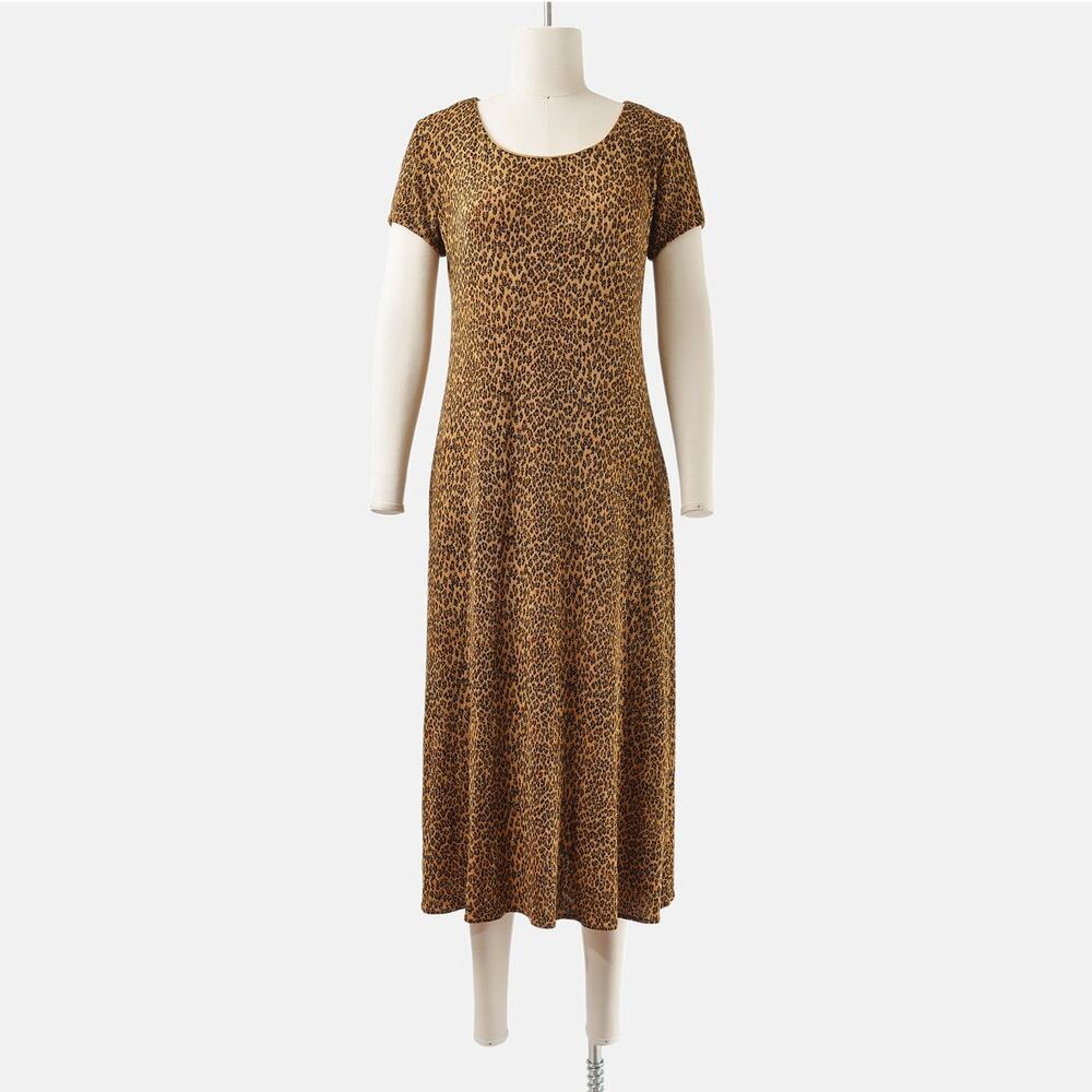 Vintage 90s Leopard Glitter Animal Print Stretchy Knit A-line Midi Dress S M
